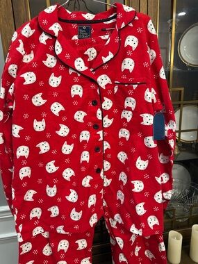 Rene Rofe Red Cat-Print Pajama Set